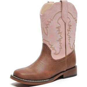⚡Kid Pink/Brown Synthetic Cowboy Western Riding Shoes Square Toe Wide Calf Boot